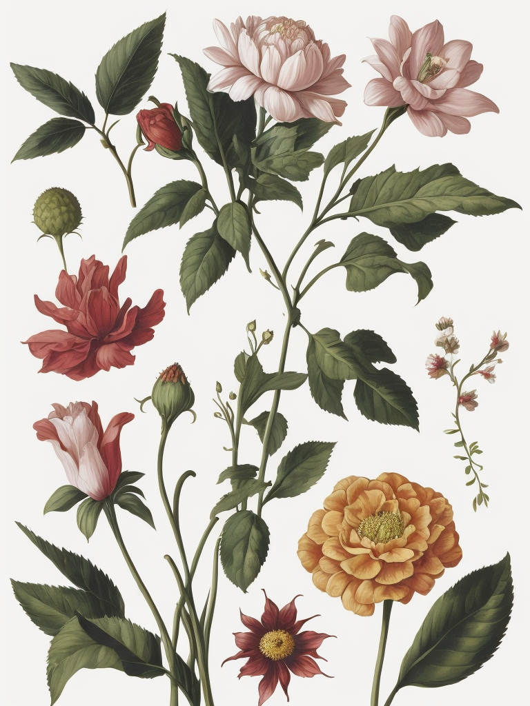 different types of flowers , botanical illustration, white background, style of Pierre-Joseph Redoute
