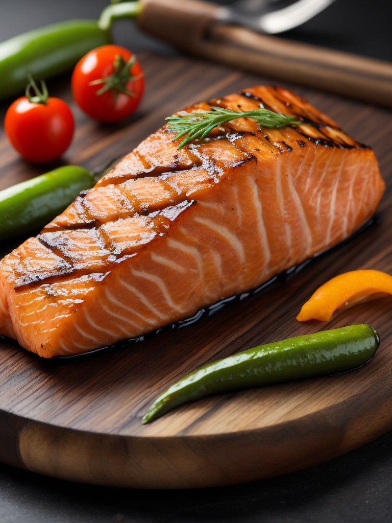 macro photography of a grilled piece of salmon with grilled vegetables. on a wooden board black background