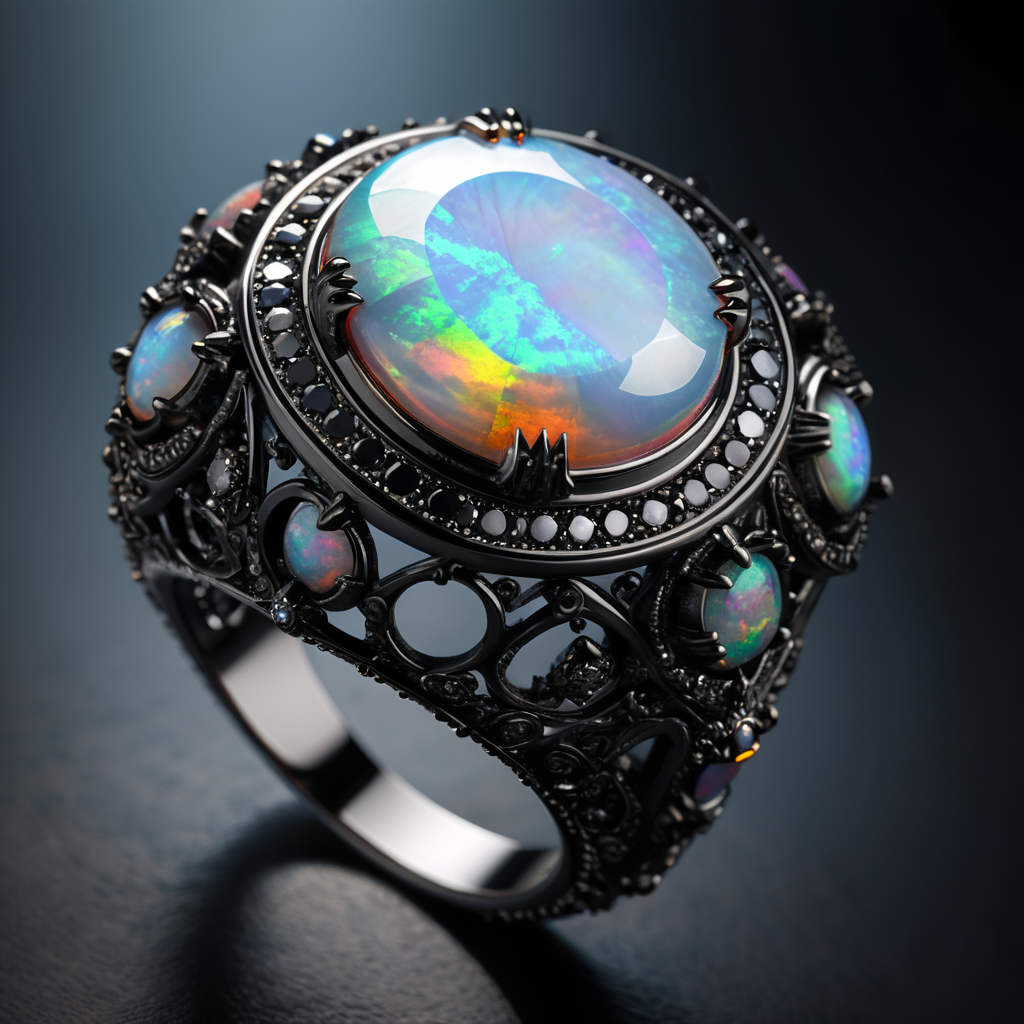 Драгоценное кольцо с австралийским опалом в готическом стиле, отделка мелкими черными бриллиантами