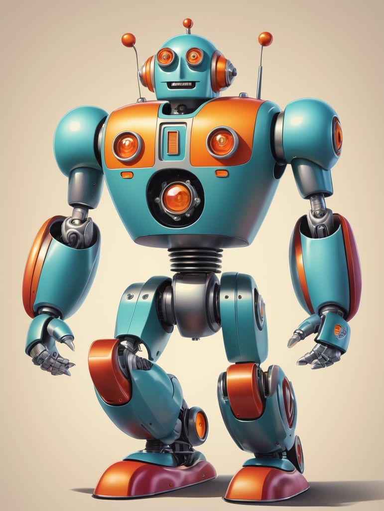 60s cartoon style robot, vibrant colors, devinart, smooth, running, facing forward