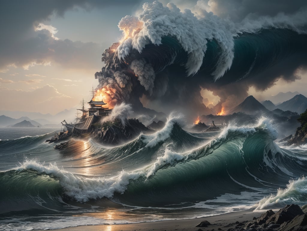 Epic photograph of an earthquake in Japan, large waves, destruction, fire, in the style of Aivazovsky