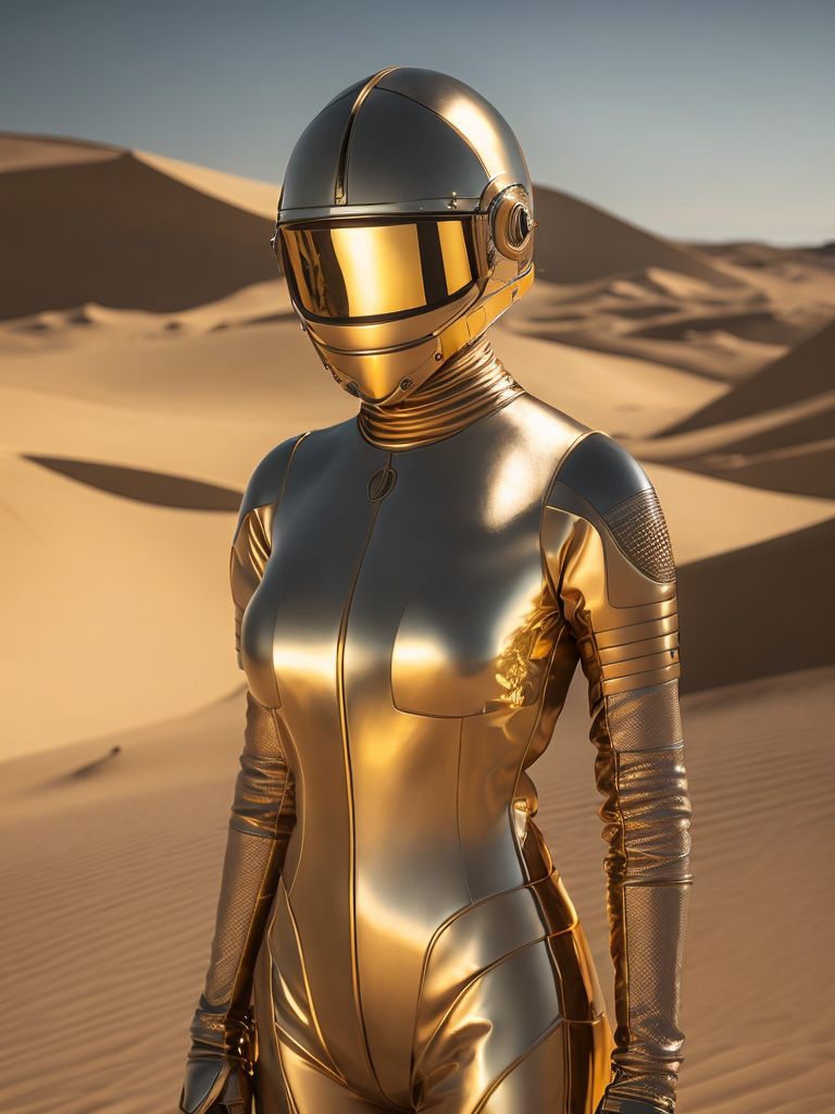 Cyber girl wearing gold chrome helmet, shining reflections, walking in the desert, photorealistic, hyper-detailed, dune atmosphere