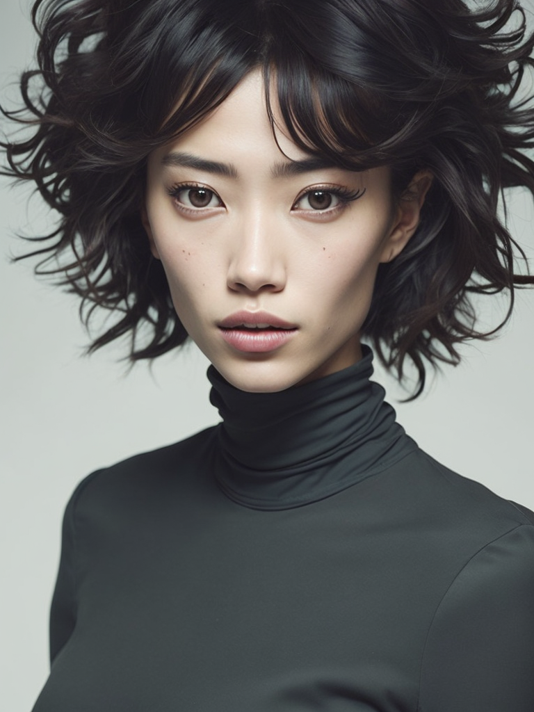 asian woman with short curly hair, wearing a turtleneck neck, anime manga art style