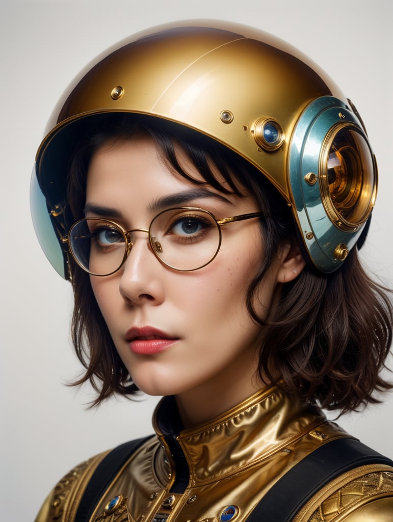 In 1998, abstract fashion photography captured a 1960s astronaut woman in a gold spacesuit with a large helmet and glasses. The art, created by Victor Moscoso and Bridget Riley, used Kodak Ektar 100 film. Carne Griffiths added a touch of magic with fluid art, while artists like Conrad Roset, Ilya Kuvshinov, Mark Fielding, and Zwy Studio emphasized high lights in the eyes. Sergio Lopez and Natalie Shau also contributed to the artwork.