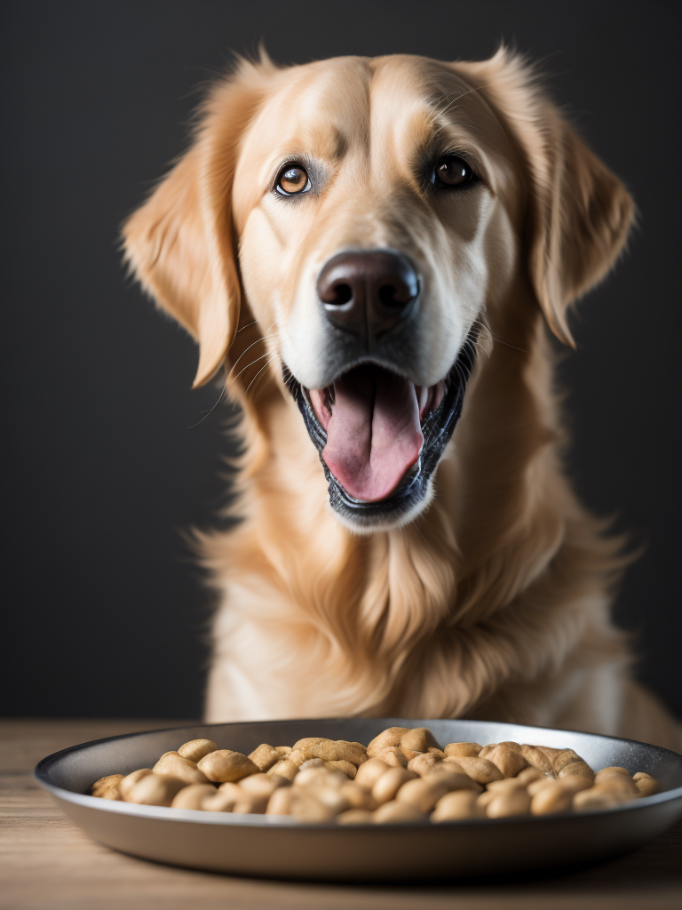 golden retriever happy with aluminum plate of dry food over the wood tablephotoreal: 1.4, lifelike,highly detailed CG unified 8K backgrounds,looking at the viewer, (HQ skin:1.4), 8k uhd, dslr, soft lighting, high quality, film grain, Fujifilm XT3,techno, long hair, black, front camera, with a blue to black gradien background, tone of tone,