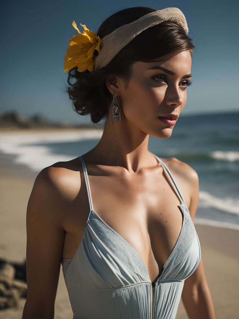 Portrait of a female pinup model in swimsuit on the beach