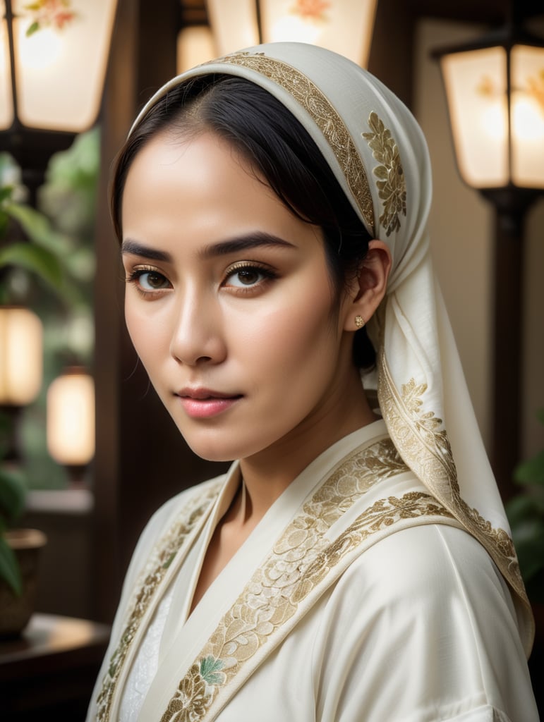 Indonesian women with hijab in white kimono