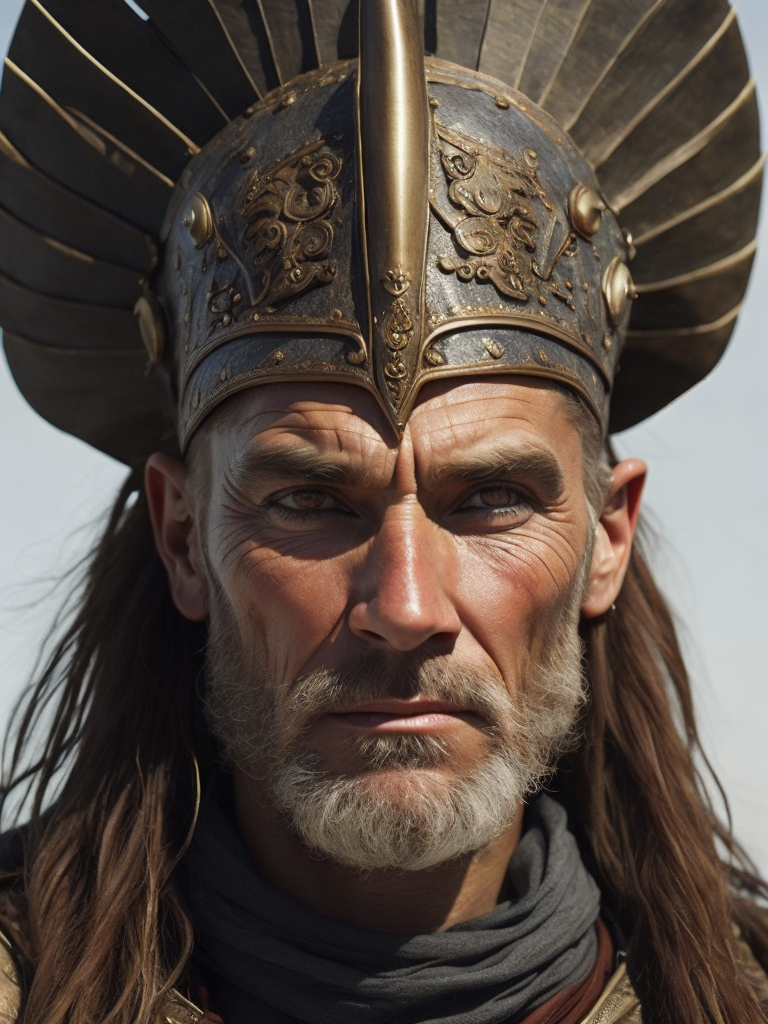 a viking warrior, semi-profile, wrinkled face, bright brown eyes, weathered skin, highly detailed, war paint, war bonnet,