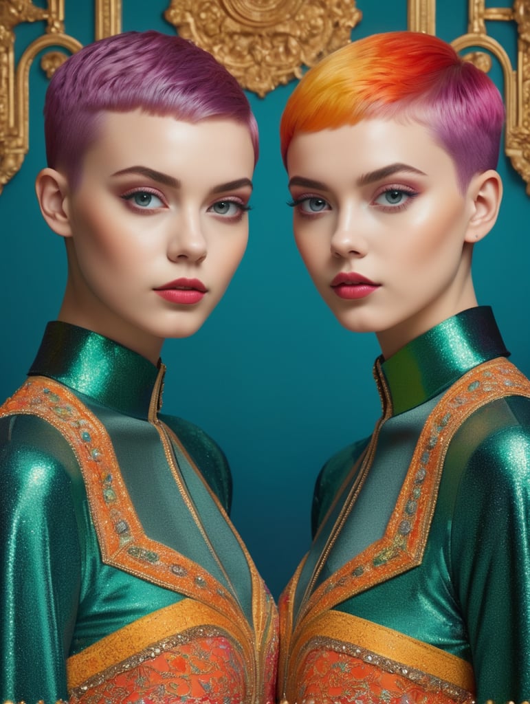 Modern portrait of two young girls with short hair standing next to each other, style of James Bidgood, frontal view, symmetry, Incredibly high detail, Bright colors