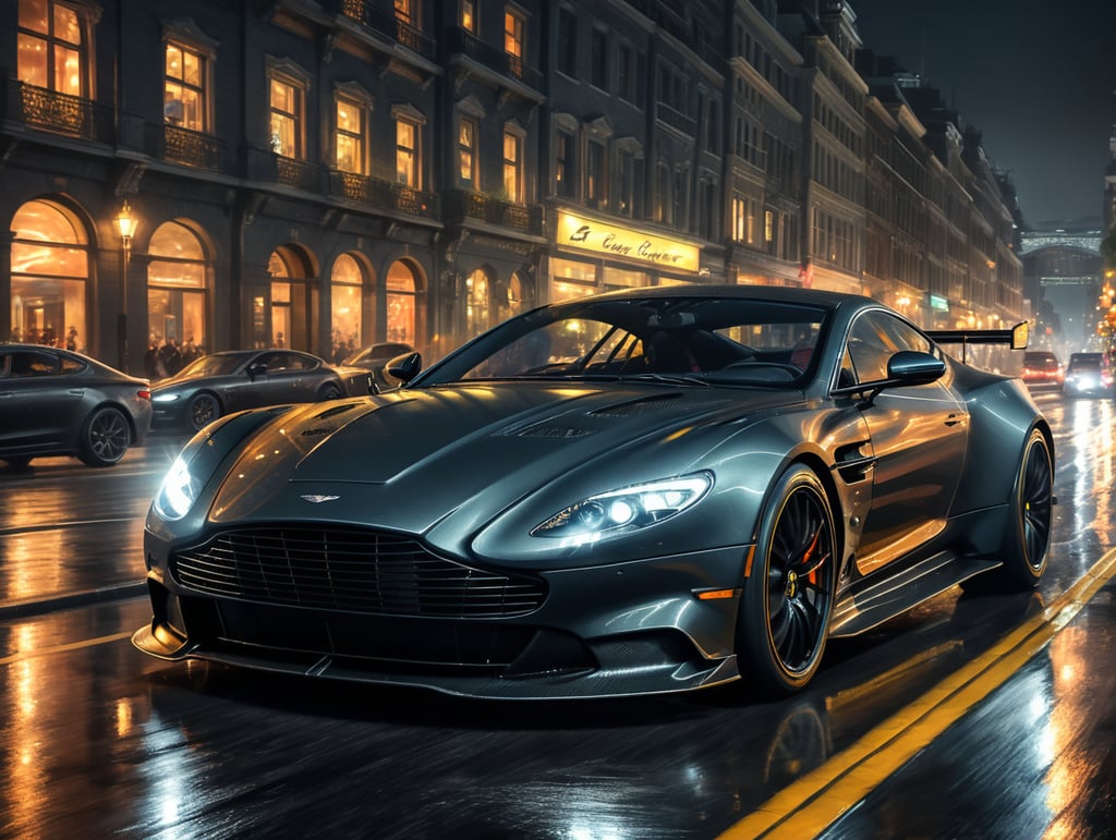 dark grey aston martin racing through city at night