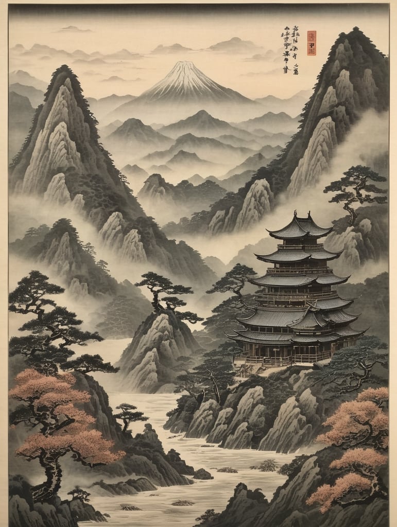 Japanese engraving print nature mountains dragons