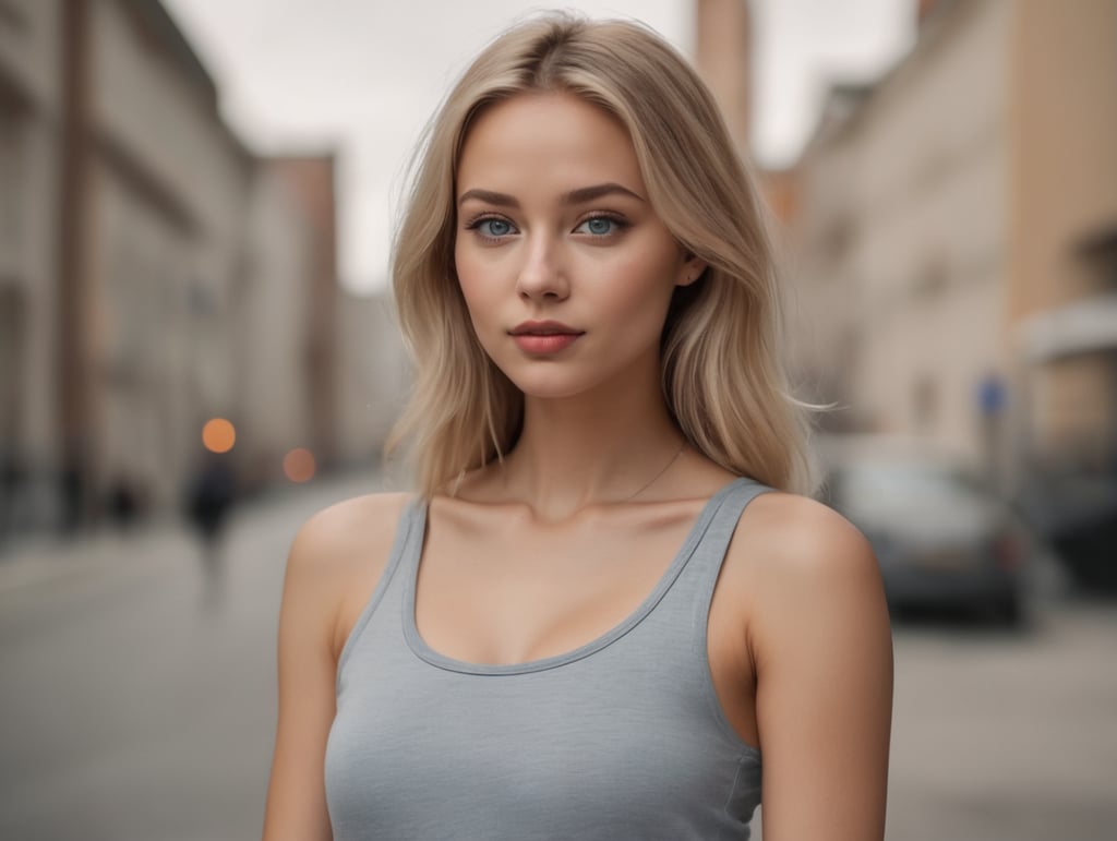 tall, thin, long legs, average breast, blues eyes, plump lips, Finnish ancestry, young adult woman, tank top