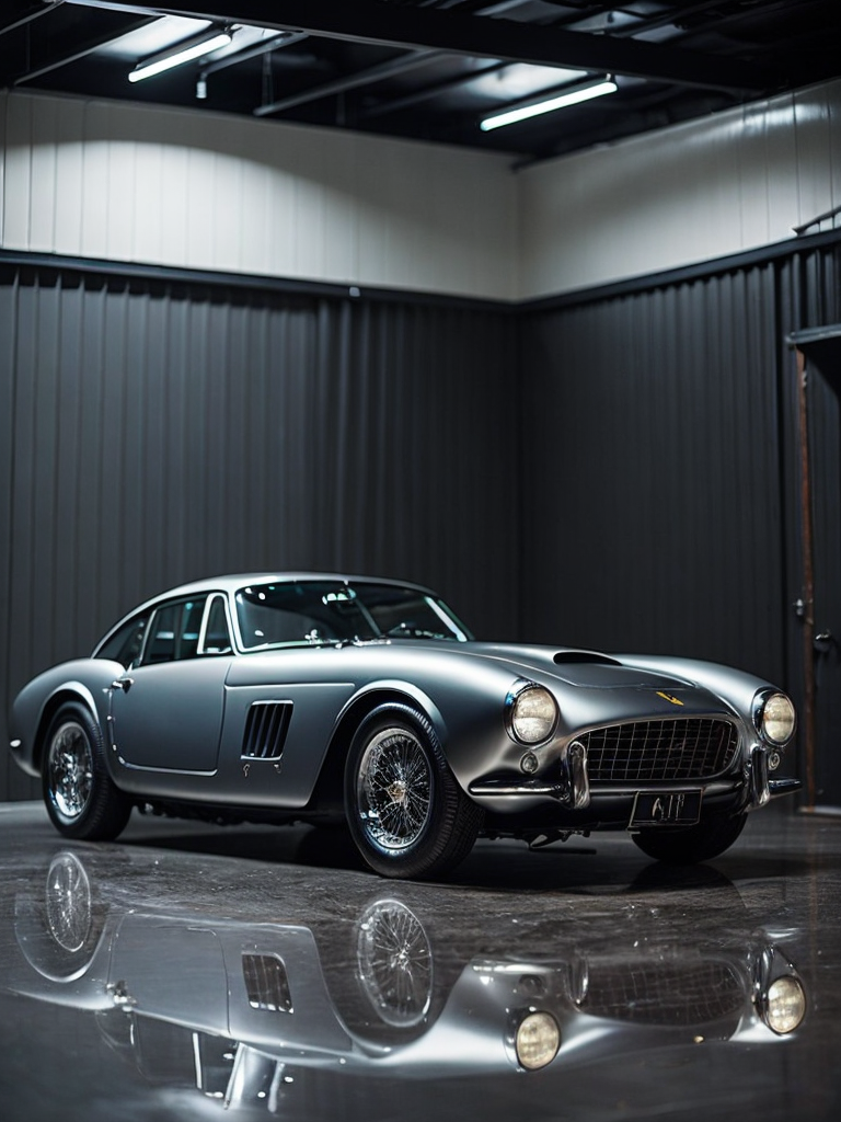 A realistic photo of ferrari 250 gt berlinetta (1956) silver in a showcase garage, reflections on the black metallic silver floor, mirrored walls in the background, black lighting, cinematic, 8k, black lighting