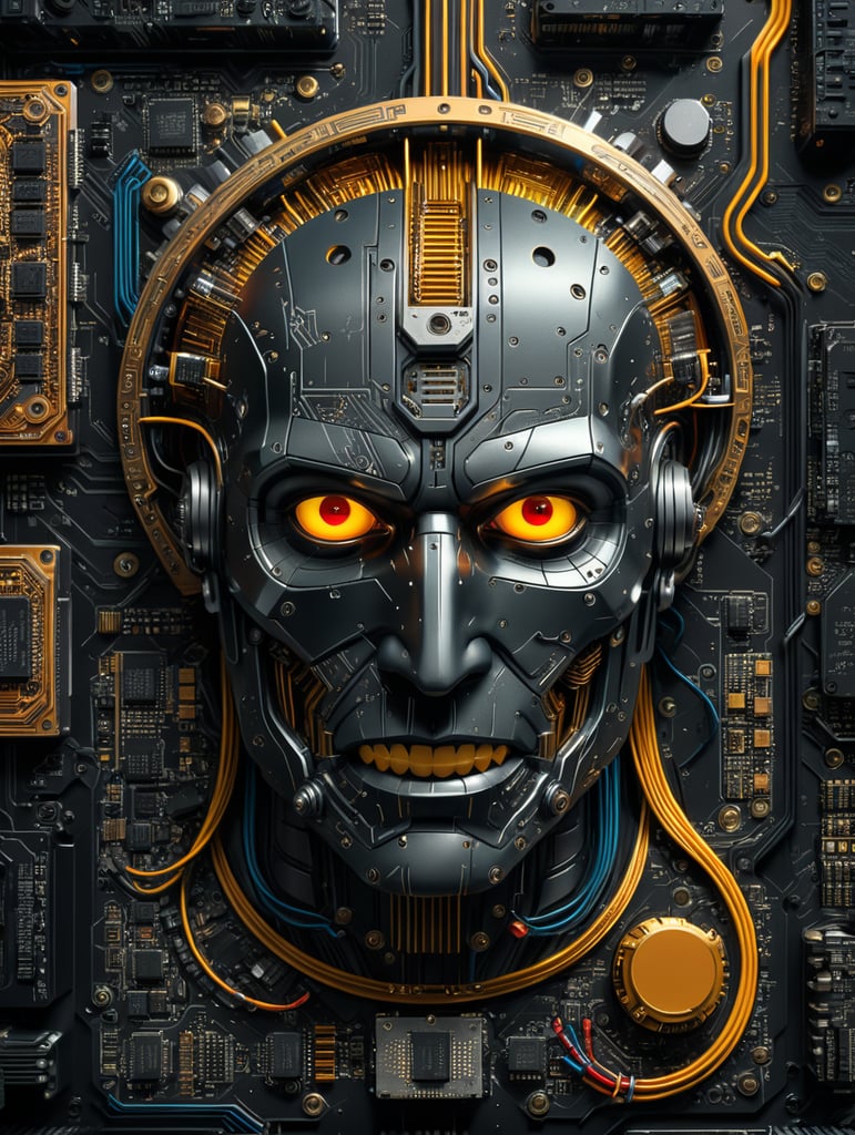 A comic book interpretation of a Tech Circuit Board, in the style of Frank Miller. Gritty and intense, with a grayscale color temperature, dynamic facial expressions, dramatic lighting, and a noir atmosphere