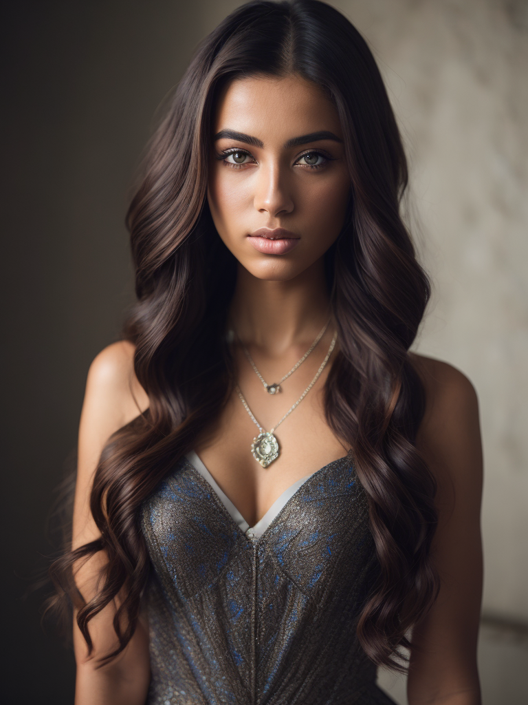 Young woman Olive-skinned Italian Exotic-looking Approximately 20 years old Dark brown hair Long styled hair Piercing blue eyes Bitchy Popular Risque dress