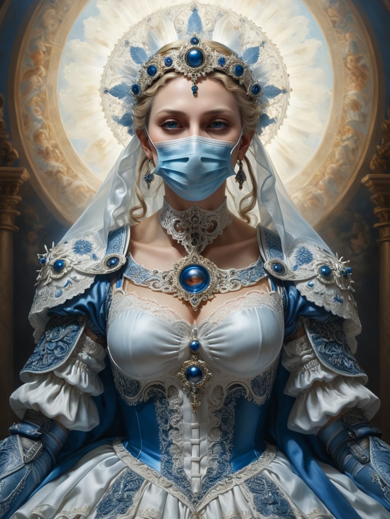 Madonna angel in medical mask renaissance in blue white drees
