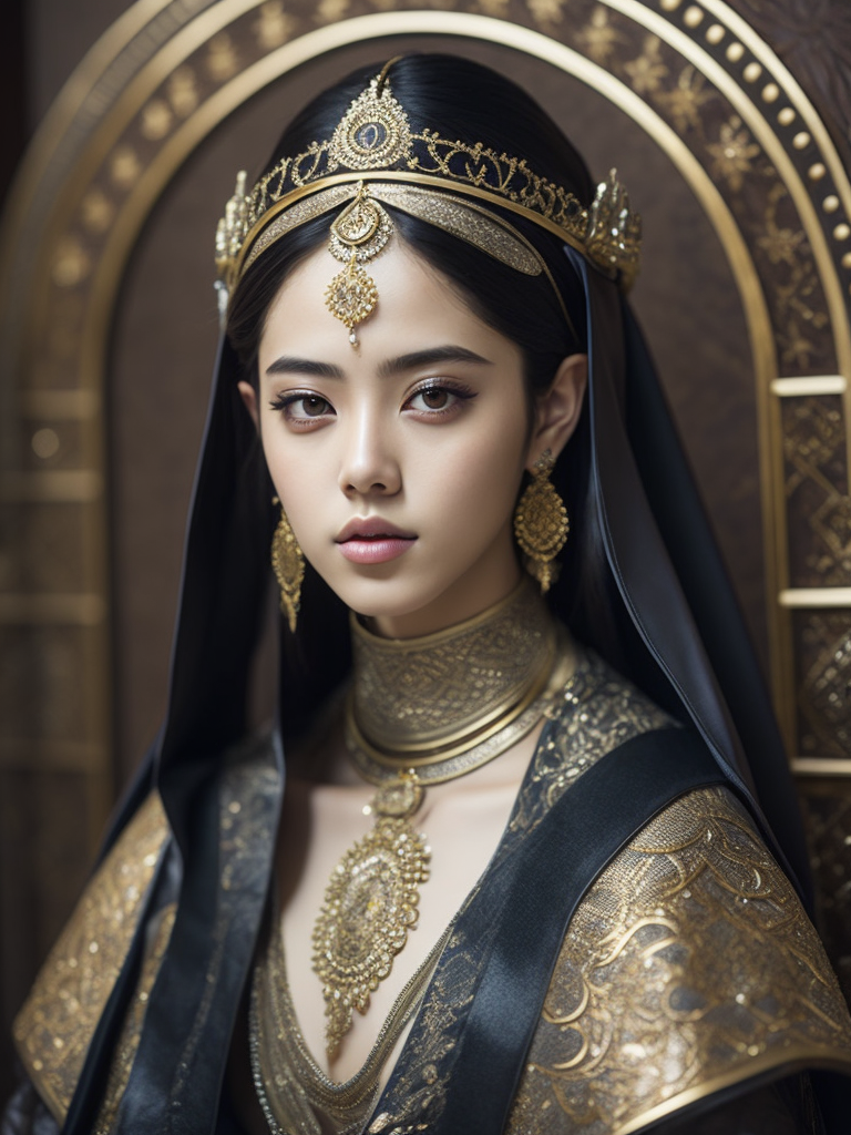 korean k-pop jisoo black pink with arabic fashion black cloak and gold crown in the Renaissance ottoman throne kingdom, photo realistic, ultra-accurate detailed, bokeh lighting, hyper-realistic, real photo, real face of rose blackpink, ultra-detailed photograph