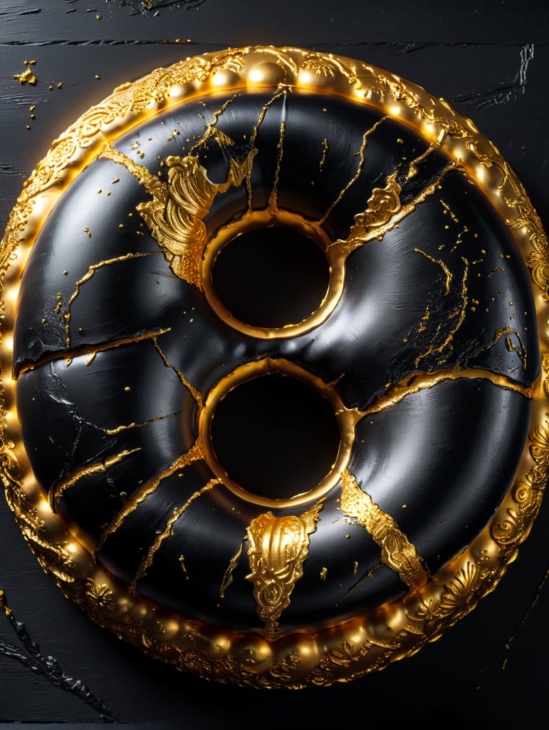 черный пончик покрыт золотом лежит на черном столе, черная комната, слабое освещение