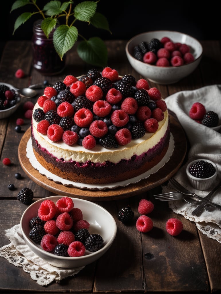 Cake with raspberries and blackberries on a wooden table, dark atmosphere, dramatic Lighting, Depth of field, Incredibly high detailed