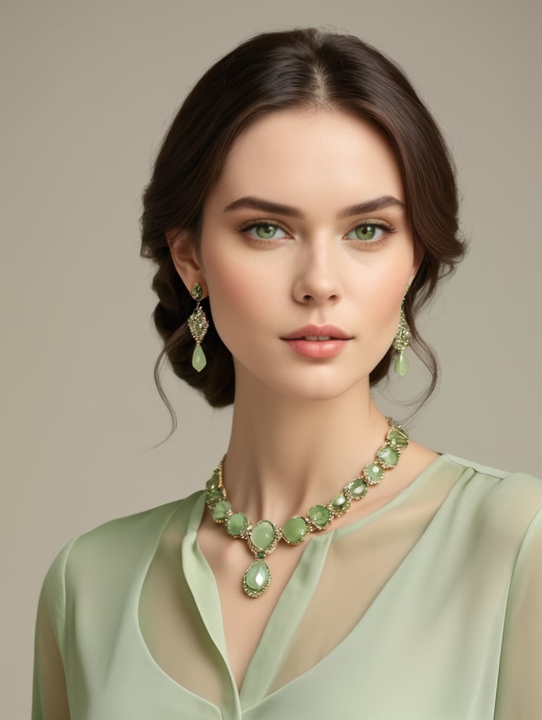 BEAUTIFUL LADY PALE GREEN BLOUSE NECKLACE EARRINGS