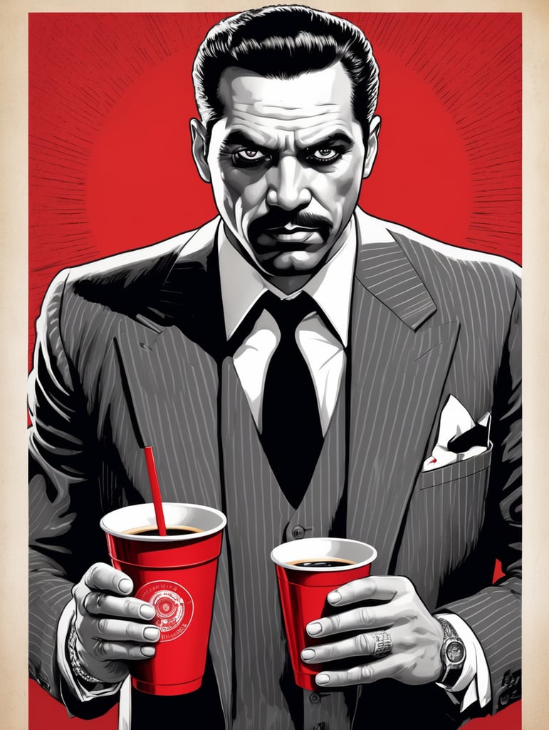 Miami gangster holding a red cup eye-catching poster-style drawing and illustration representing the iconic pulp style.