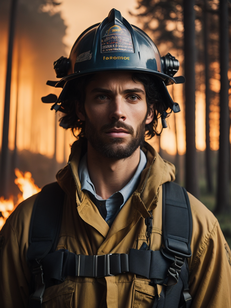 epic portrait of a Firefighter, close-up, forest fire, British Columbia Wildfire, Canada