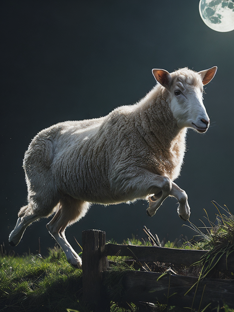 Photo realistic young sheep jumping over a fence in a field behind a house at night with a bright moon