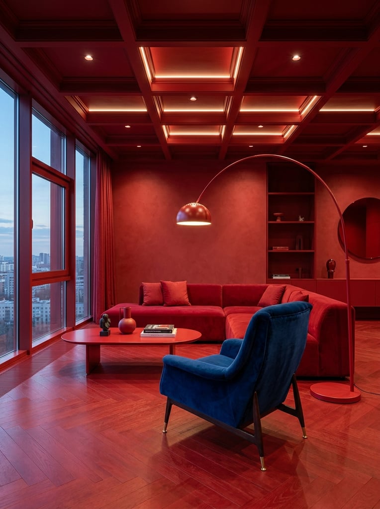 vivid monochromatic red minimalist living room, starkly contrasting single plush deep blue armchair, red L-shaped sectional sofa, sweeping red arched floor lamp, red oval coffee table, red coffered ceiling, red herringbone wood floor, dramatic architectural lighting, photorealistic interior render