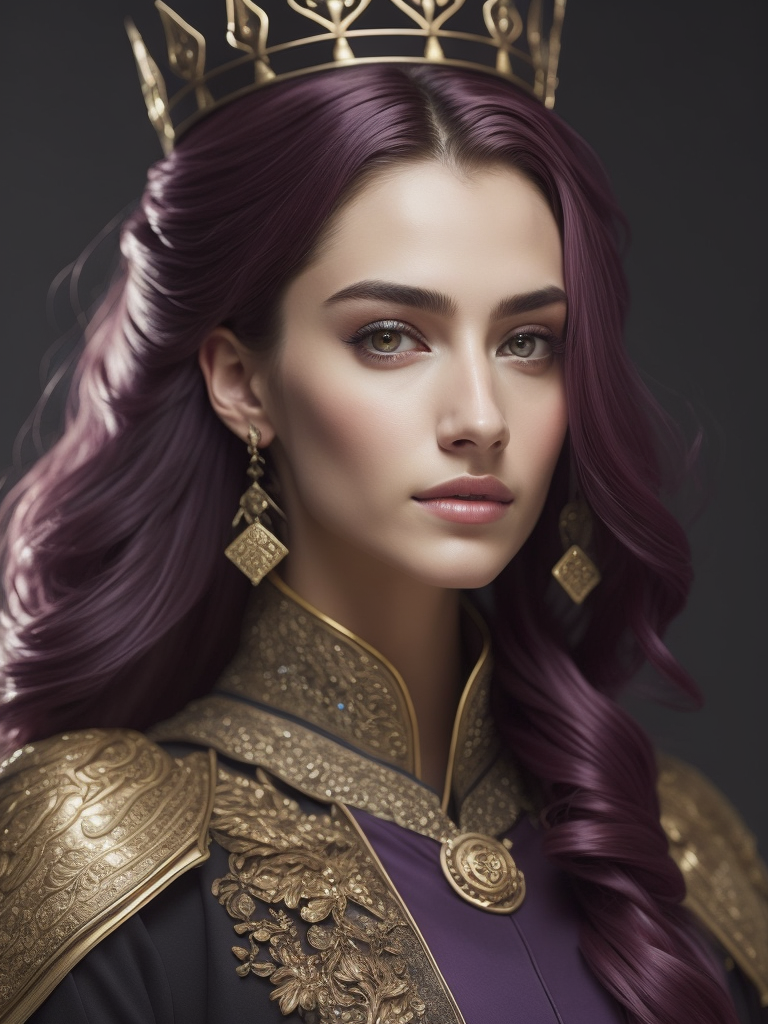 Portrait of a young queen with long wine color braided hair, royal guard purple outfit, elegant, highly detailed, digital painting, artstation, concept art, smooth, illustration, oval face, art by helena nikulina