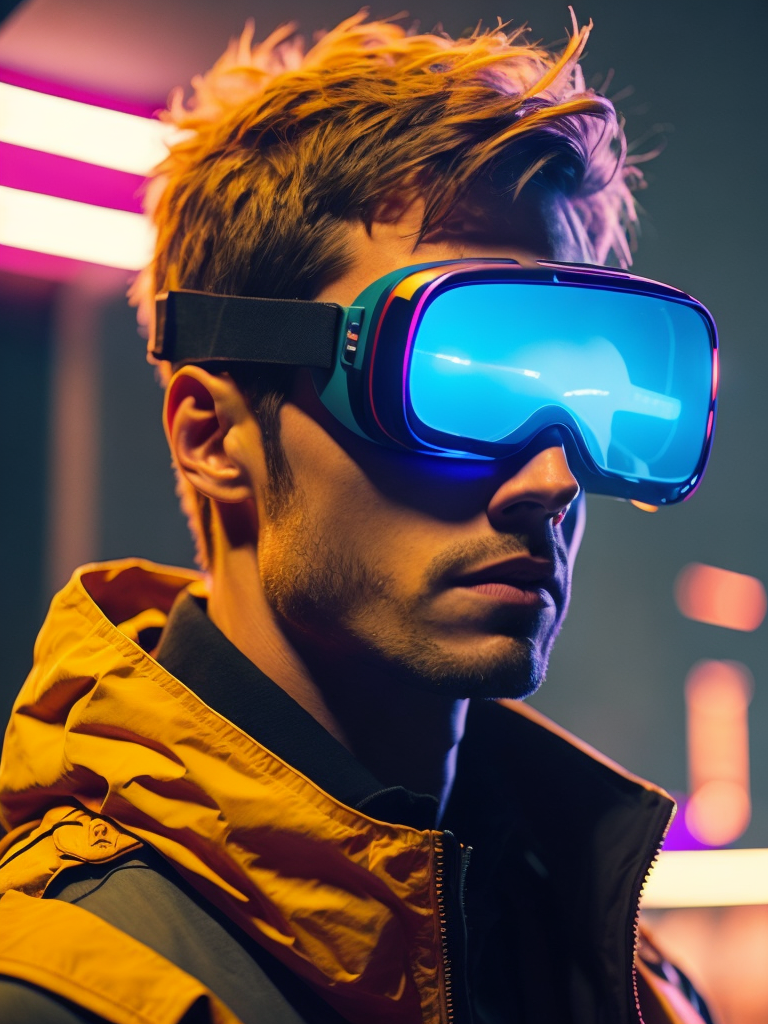 Man wearing virtual reality glasses, cyberpunk style, neon colors, bright colors, bright blue glowing glasses, sharp details, contrasting light