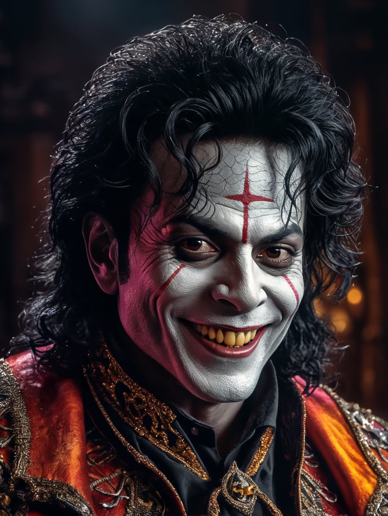 Old Michael Jackson as a creepy evil character wearing spooky Halloween costume, evil smile, creepy tiny nose, Vivid saturated colors, Contrast color