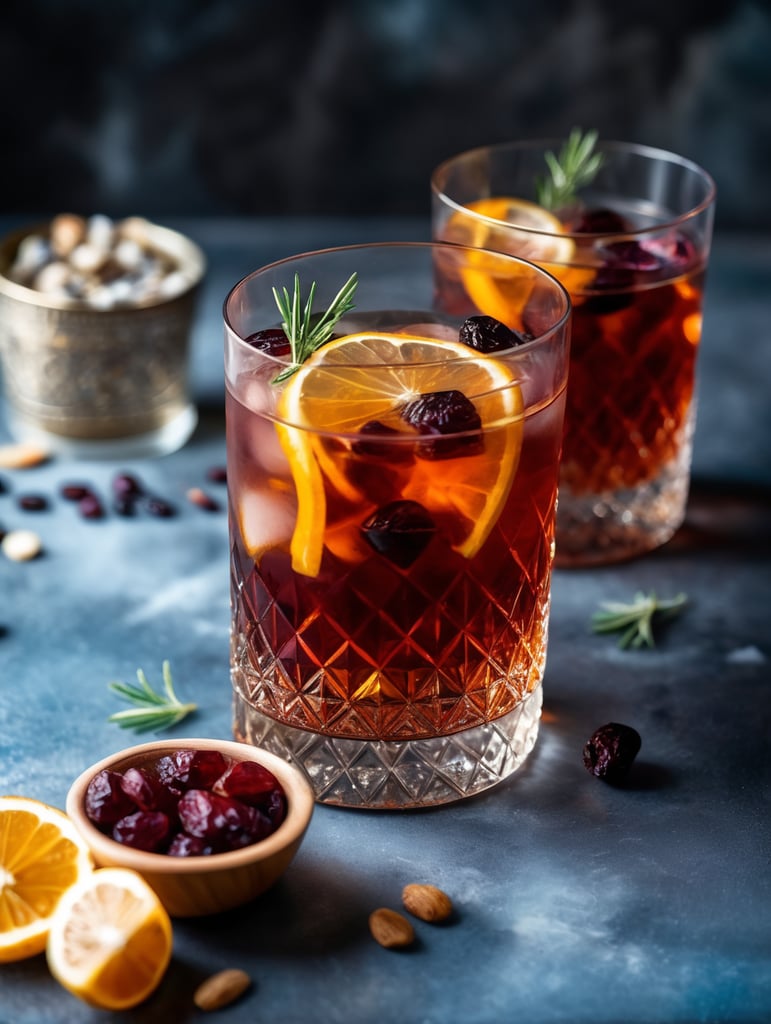 Gin cocktail with dried fruit slices, mood lighting