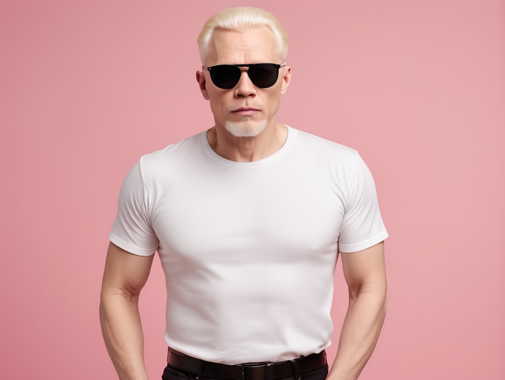 A middle-aged albino man wearing a white T-shirt, wearing black sunglasses, Contrasting studio light, isolated, pink background, mockup, mock up