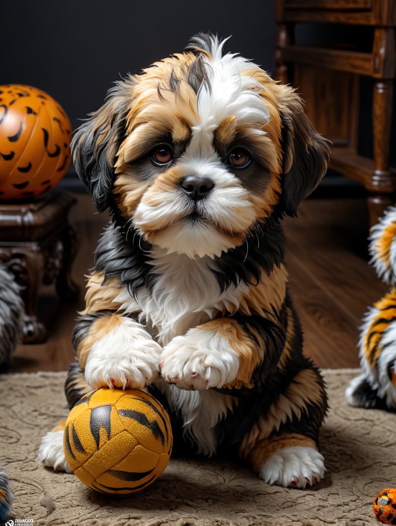 shih tzu puppy playing with fluffy tiger toy