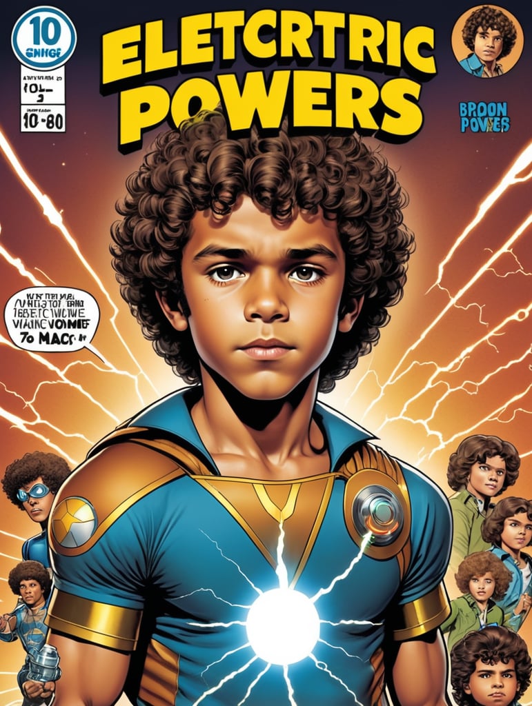 70s comic 10 year old boy brown curly hair lightskin with electric powers 70s comic book cover