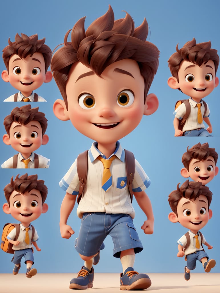 Personagem infantil 3D estudante masculino pulando de alegria