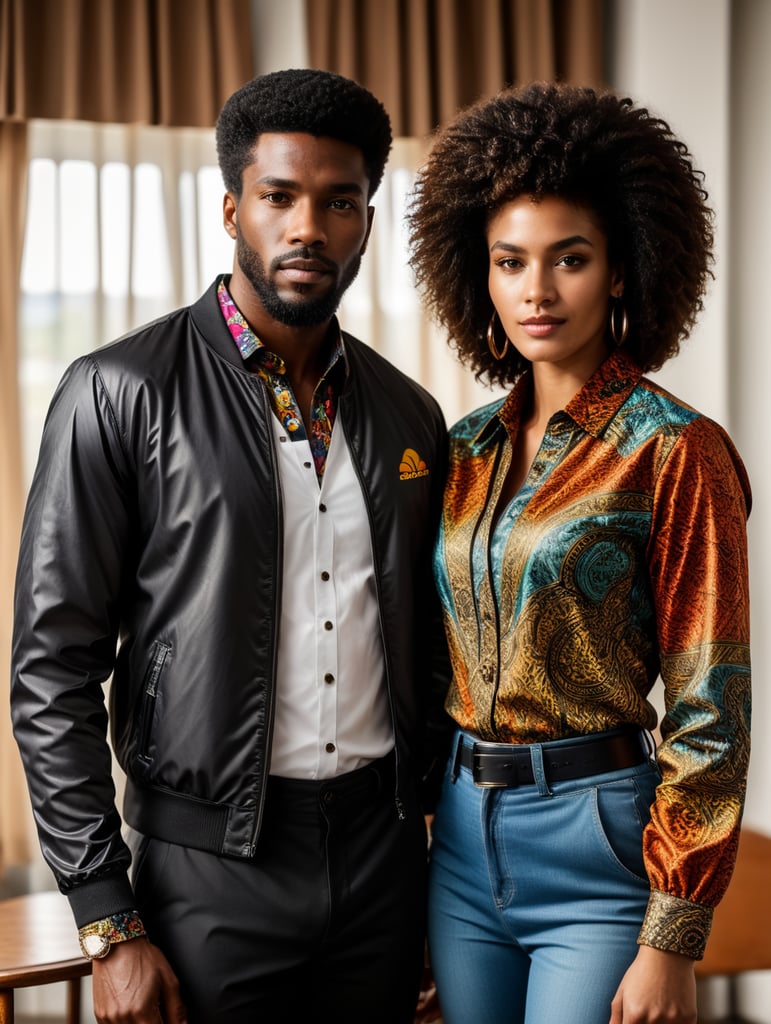 The assemblage has a very naturalistic style, with trademark use of bold colors and brushstrokes. Sportiv man and women, afro dandy, athletic shape, 80's afrobeat, custom made jacket african shirt, colorful fabric, african curtain, fashion, ebony, black, mannequin, 3d model, couple, centered image