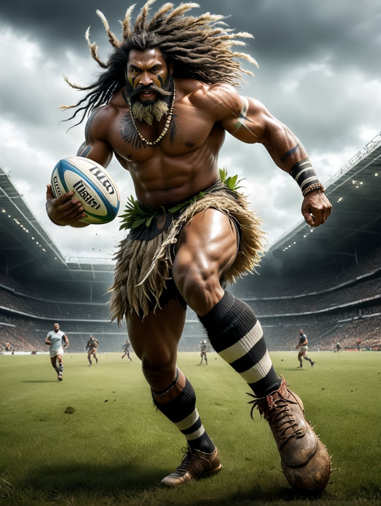 A Fijian warrior with long hair dressed in grass skirts wearing rugby boots with long white and black stripe socks,running with a rugby ball in one hand, and a Fijian war club in another hand, scoring a try🏉