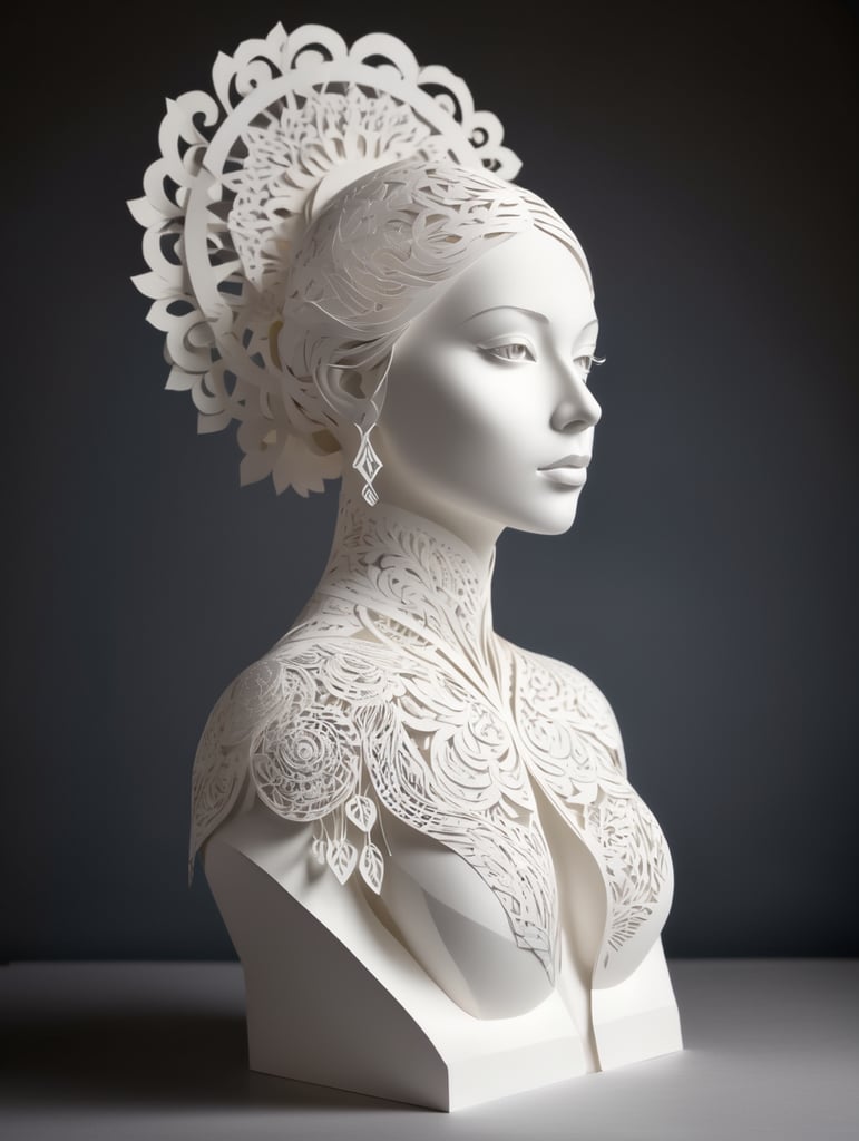 White cut paper sculpture woman, focus on details