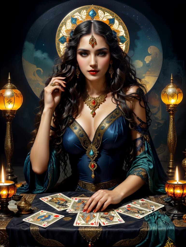 Rolf Armstrong, Edmund Dulac, art nouveau, 1920s vintage style, crisp details. Insanely detailed, dynamic pose, fairytale, nighttime, very beautiful Spanish gypsy fortune teller sitting at table with tarot cards, black cat, mysterious, gypsy caravan, intricate details, long hair, hypnotic eyes, perfect face, jewel tone colors, exquisite craftsmanship, oil paint