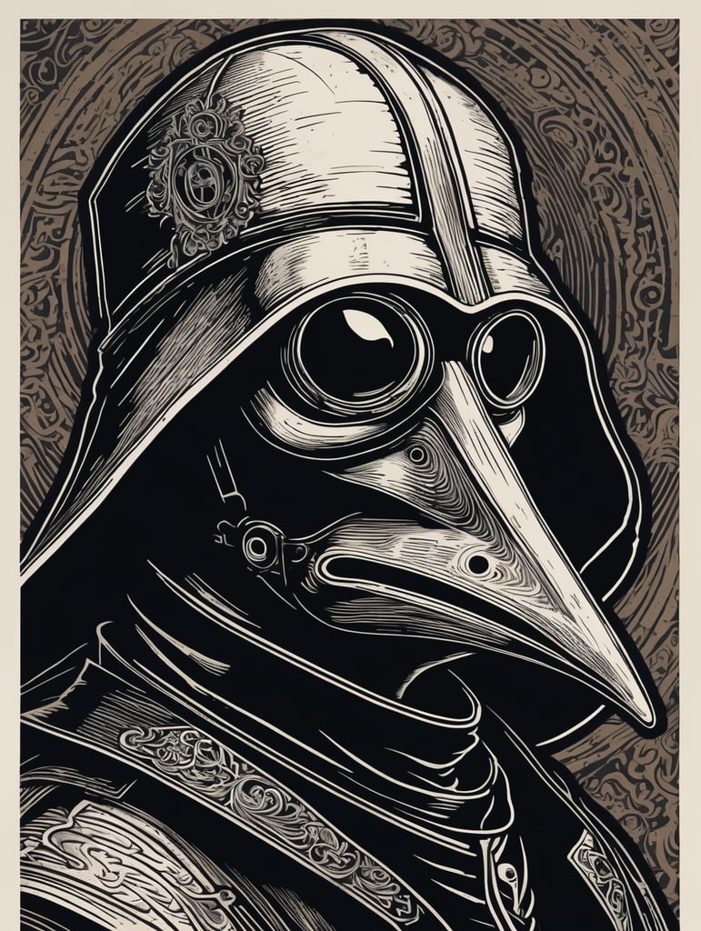 Woodcut, Plague doctor, black and white, bold lines