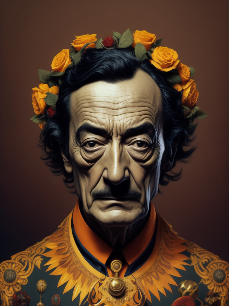 Salvador dali's portrait in vibrant colour using his painting style adding the famous elements in his paintings