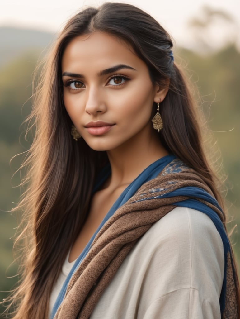 Gorgeous prettiest beautiful young adult women mixed ethnic half Albanian Italian women model, no-makeup, natural face, long single dark braid tied back hanging down back, big brown eyes, blue scarf over head