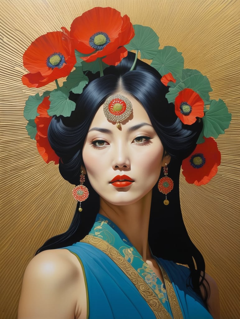 Hiroshi Nagai, ultrafine detailed painting of a woman with a n opium poppy flower in her hair, whimsical, detailed painting