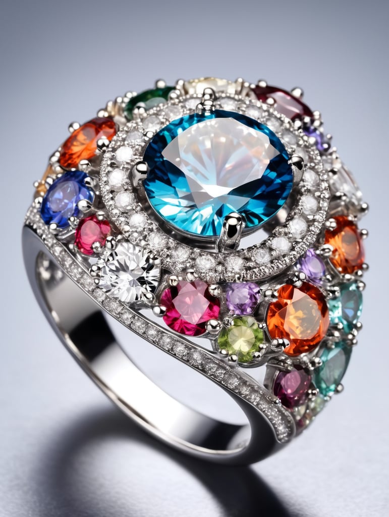 Platinum queen ring with colourful gems