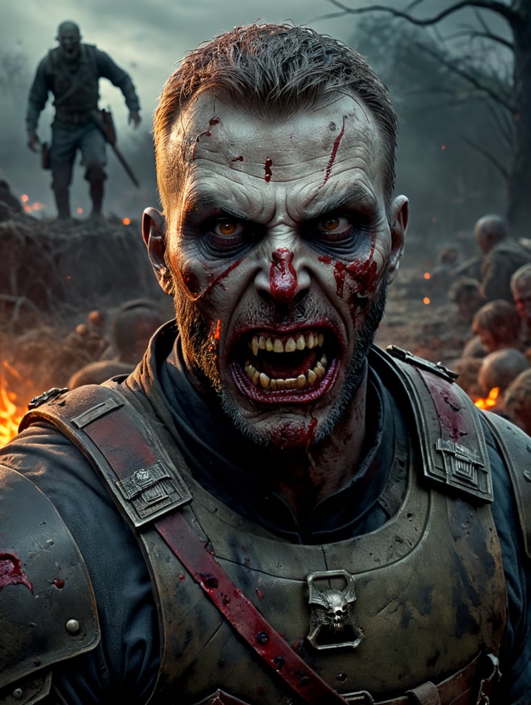By 20th Century Fox, eerie Halloween night, Chris Evans dressed as a grotesque, blood-covered zombie soldier, haunting the desolate battlefield, surreal fear, Halloween charm, cinematic photography, action shoot, movement, epic, high definition