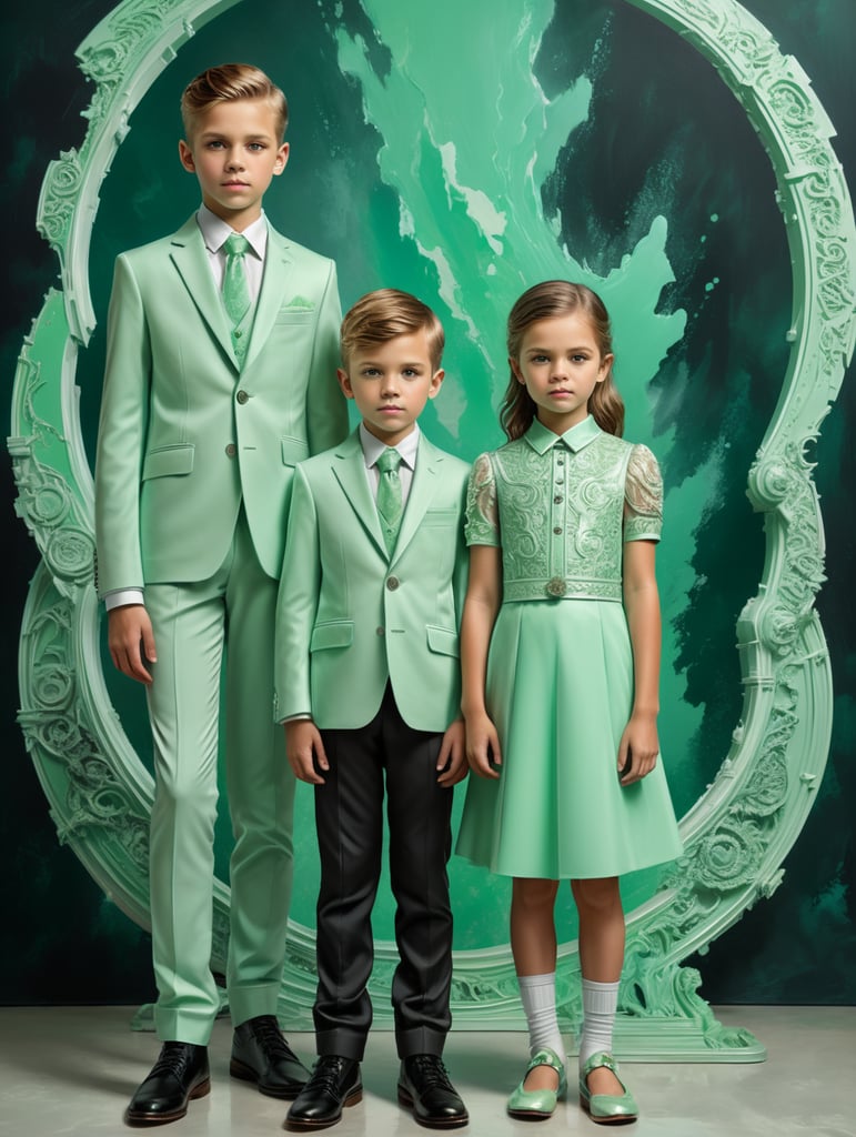 a girl and a boy, an older boy, a brother and sister pose on a mint green abstract background, in modern mint green clothes