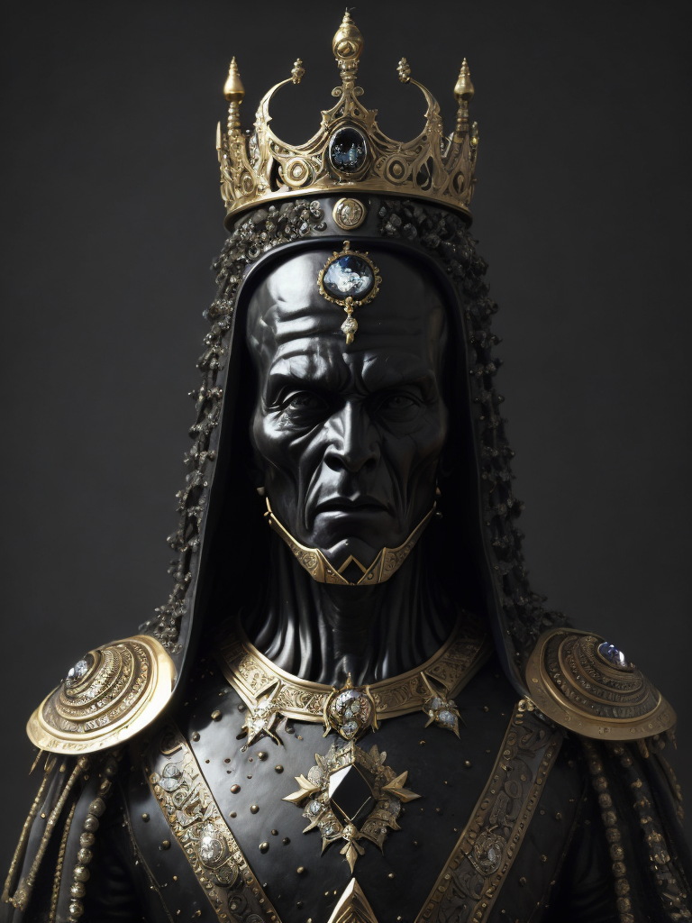 full body obsidian sculpture of the ruler of the dead and the underground, made of all black materials, reflective black obsidian bones, bejeweled armour and crown, sharp, extremely detailed, extremely intricate, volumetric lighting, photorealistic, 8k