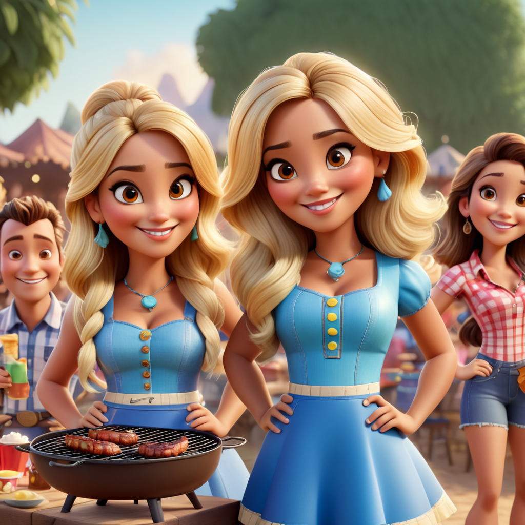 Disney Pixar style,Camila, brazilian, 35 years old blond hair,brown eyes in a poll party with barbecue, cheers with friends and a country duo playing song