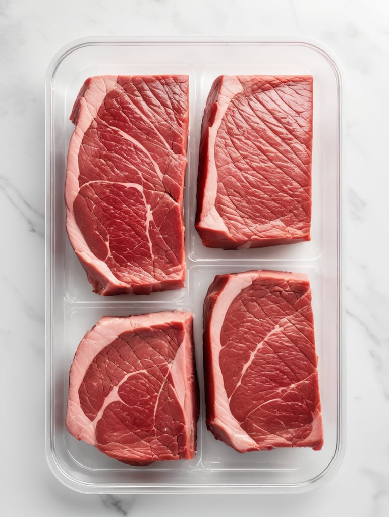 ready of cooking steak new york in a transparent plastic tray, top view, isolated, mockup